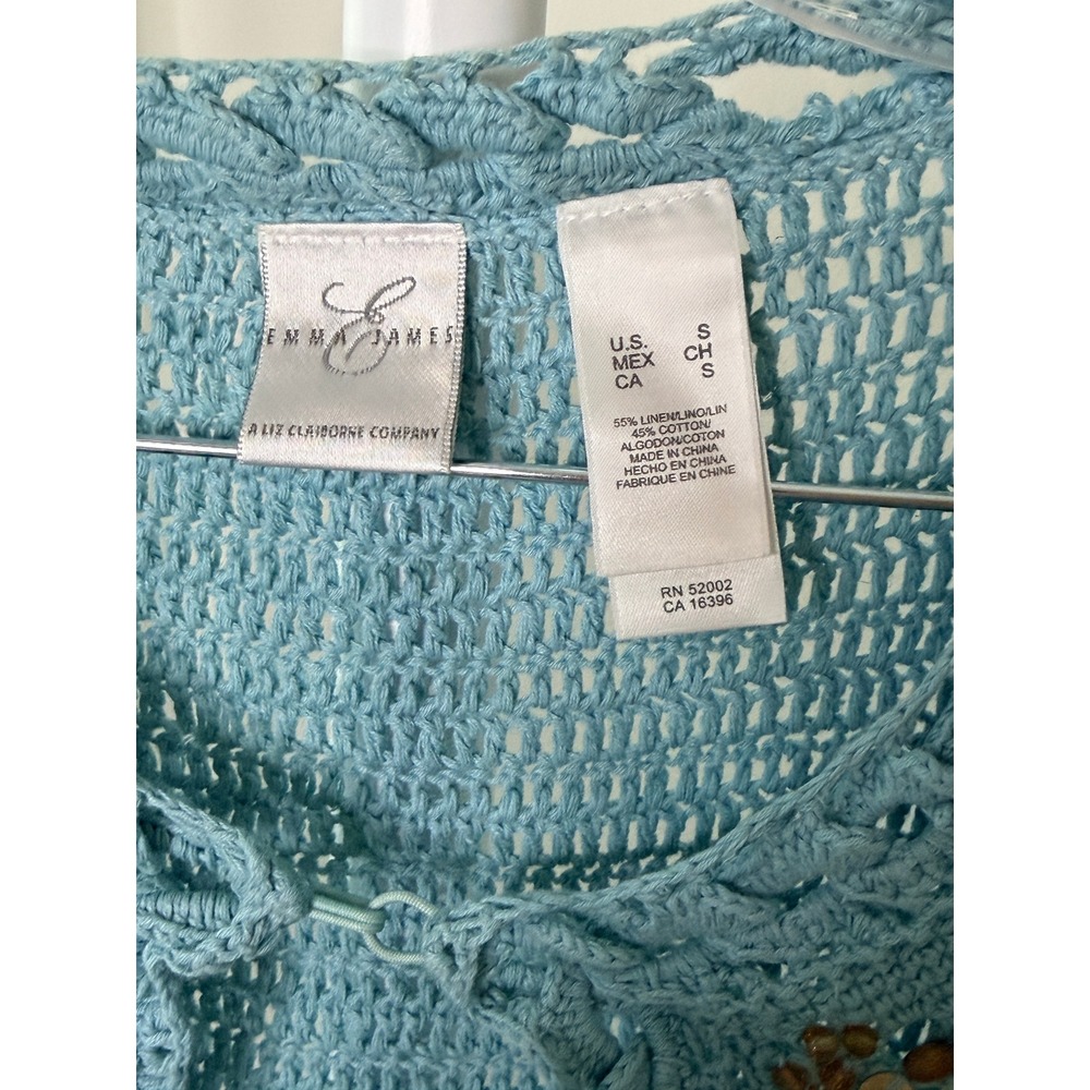 Emma James Liz Claiborne Blue Crochet Beaded Floral Tie Front Cardigan Sweater S - Picture 5 of 6